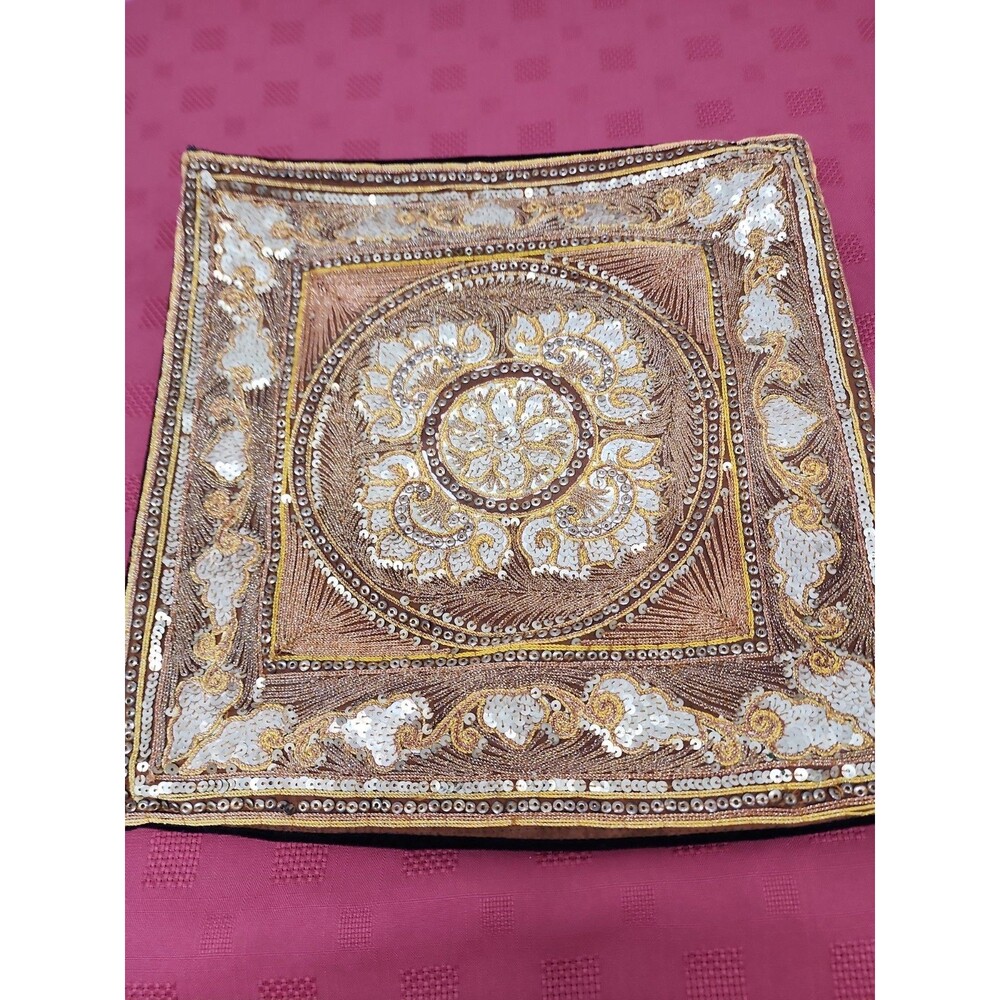 VTG Turkish Hand Beaded Embroidered Sequined Throw Pillow Cover Gold Boho